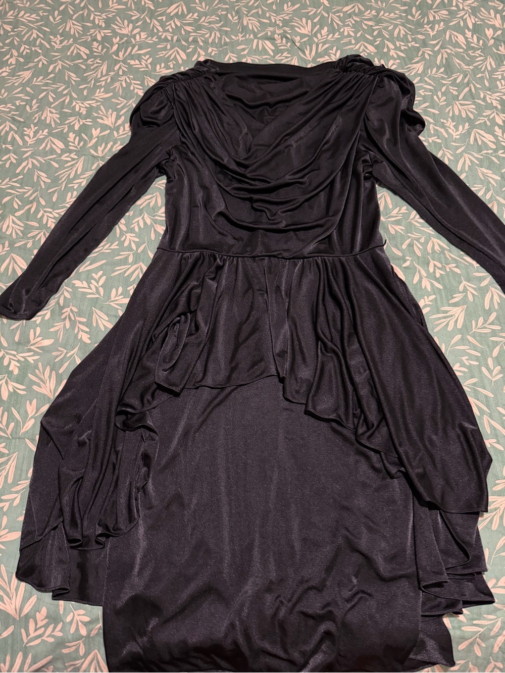 Vintage Elegant Black Long-Sleeve Draped High-Low Midi Dress